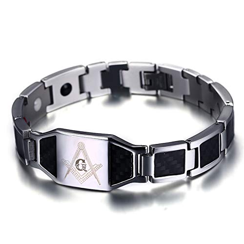 Rockyu Men's Titanium Magnetic Bracelet with Black Plate, Engraved Freemasonry Germanium Bracelet, Metallic Look (White)