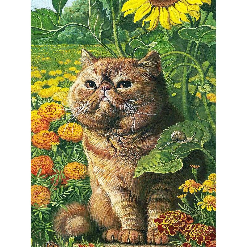 5D-Diamant-Malerei-Set zum Selbermachen, Katze in den Blumen, Diamant-Stickerei, Strass-Dekorationen für Zuhause