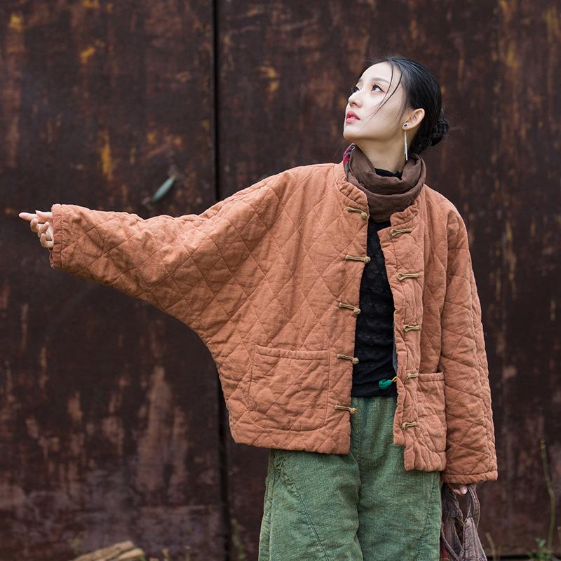 Women's Winter Ramie Quilted Diamond Pattern Cotton Coat with Frog Buttons - Bohemian Style
