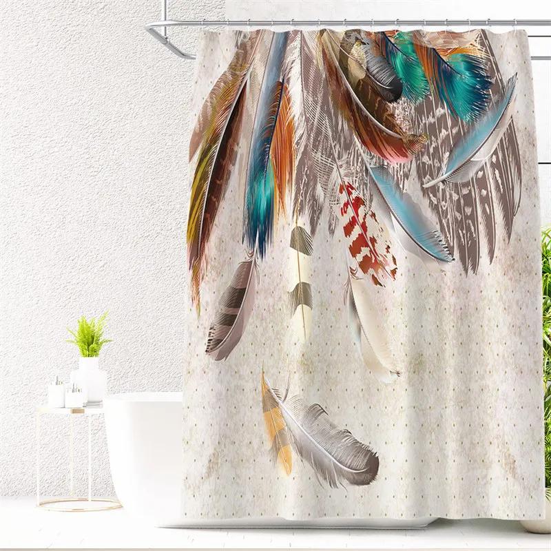Feather Green Shower Curtain Liner Dreamcatcher Fabric Shower Curtain Waterproof Bath Curtain with Hooks Stall Home Decoration