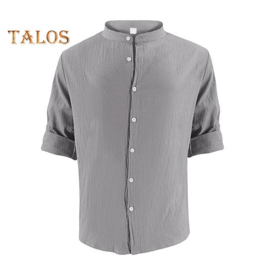 

Мужская хлопковая рубашка с длинным рукавом, застегивающаяся на пуговицы, однотонная рубашка с воротником Генри, повседневный топ с регулируемыми рукавами для повседневной носки, пляжного отдыха L серый