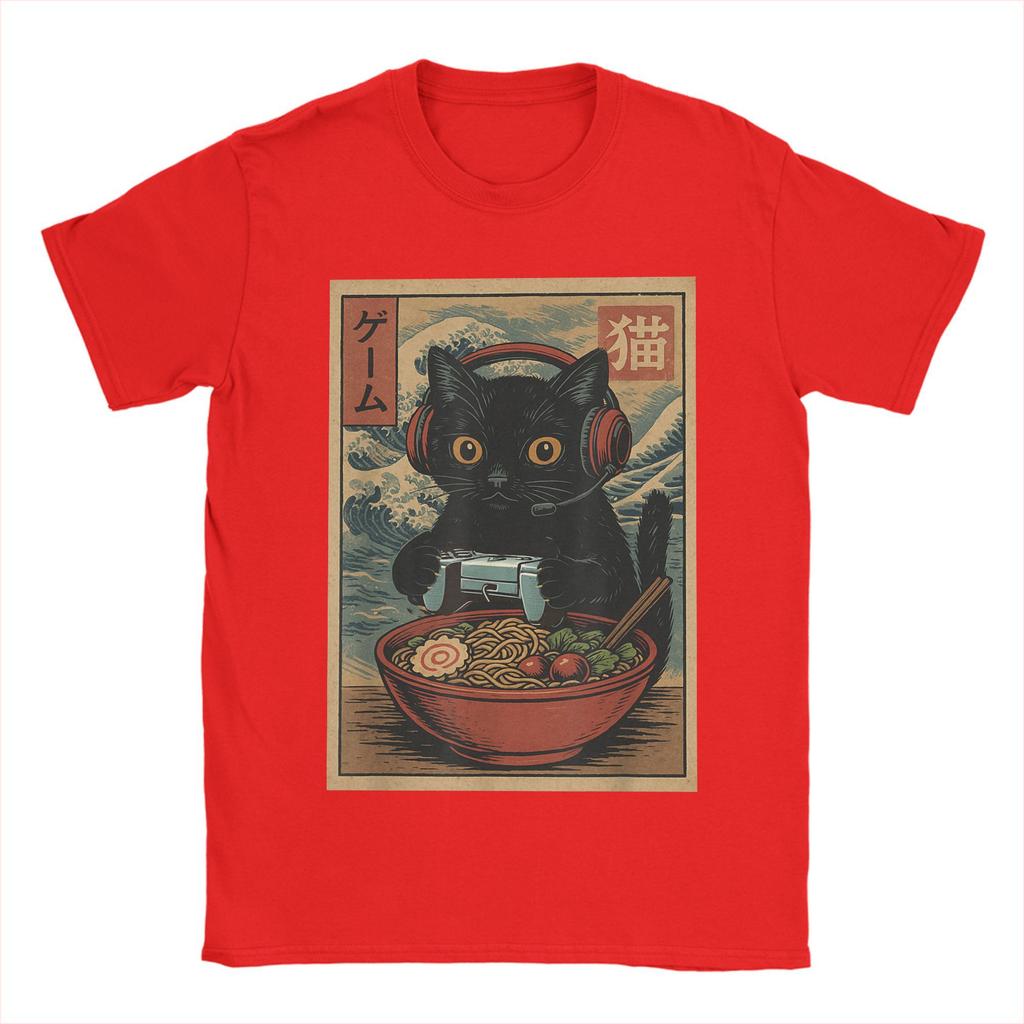 Niesamowite japońskie koszulki z kotem ramen dla mężczyzn z okrągłym dekoltem 100% bawełniane koszulki Kawaii kot z makaronem koszulki z krótkim rękawem oryginalne topy