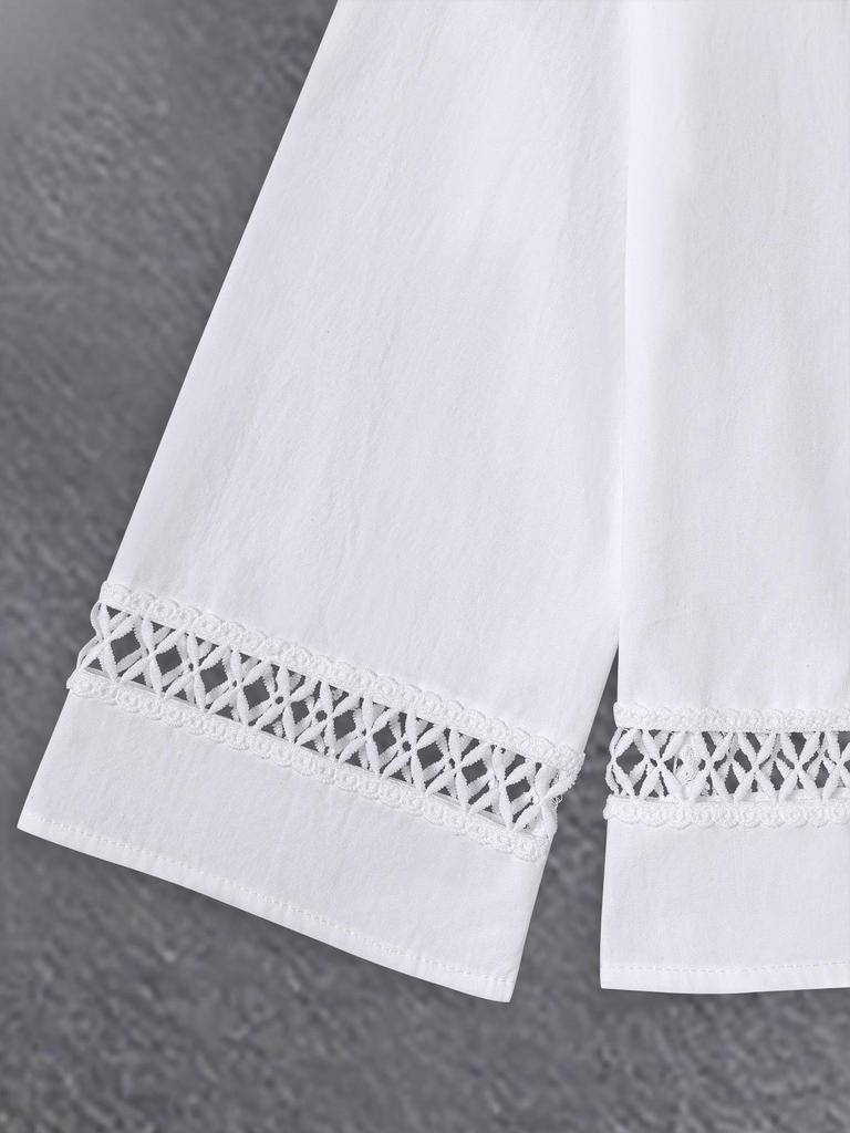 2025 Women's Long Sleeve Lace Patchwork Casual Shirt - Elegant Solid Color