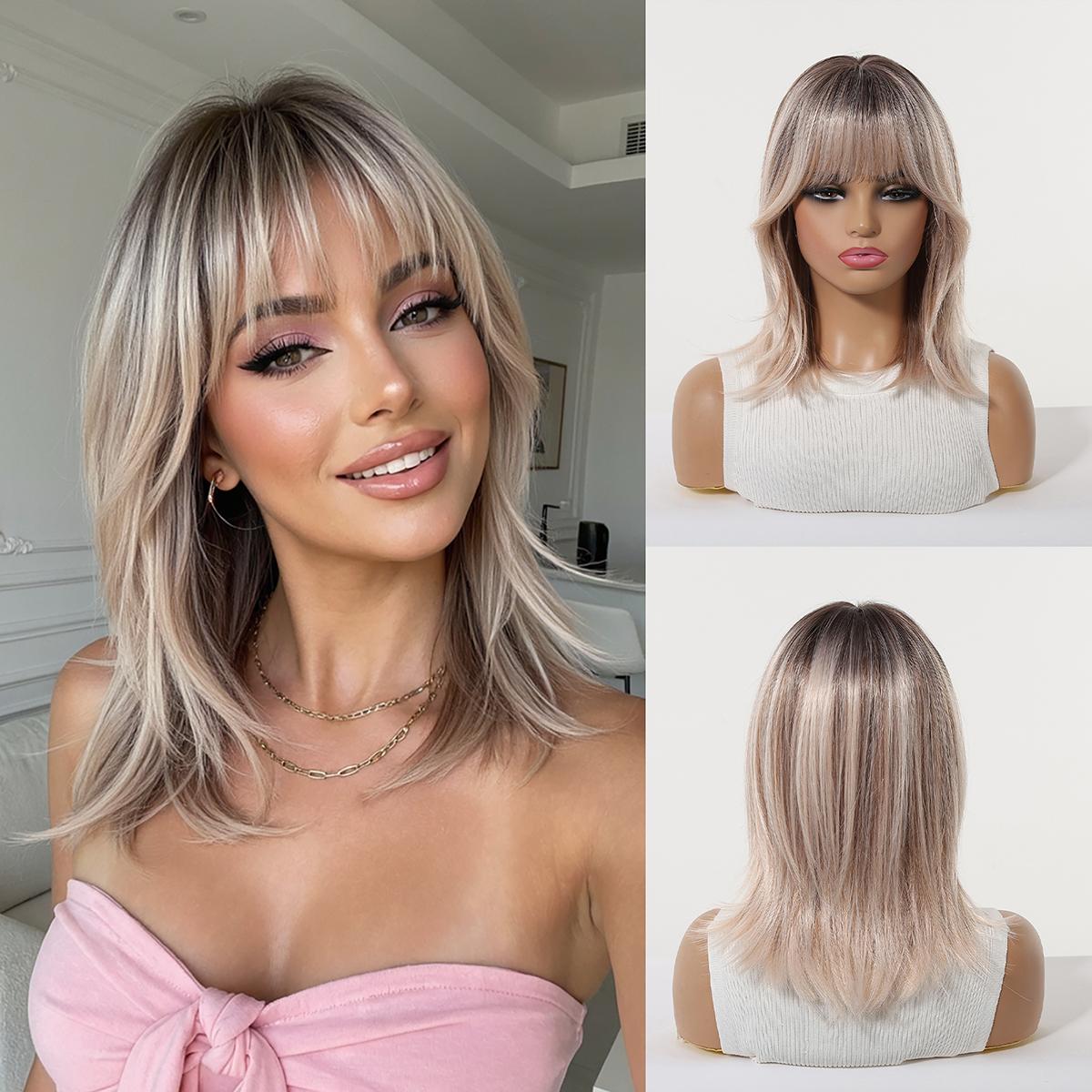 Korte Blond Natuurlijke Golf Synthetische Pruiken met Pony Blond Goud Lolita Haar Pruiken voor Vrouwen Cosplay Dagelijks Feest Hittebestendig black