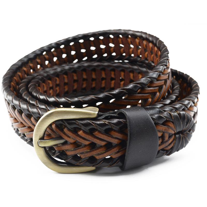 Unisex Retro Braided Belt with Genuine Leather Buckle for Casual Wear