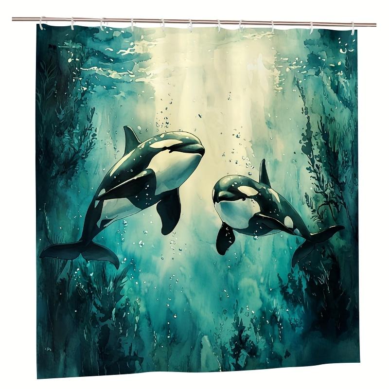 Ocean Orca Shower Curtain - 71X71 Inch, Underwater Scene With Black & White Orcas,Coral Reefs, Polyester,Hand Wash, Summer Decor
