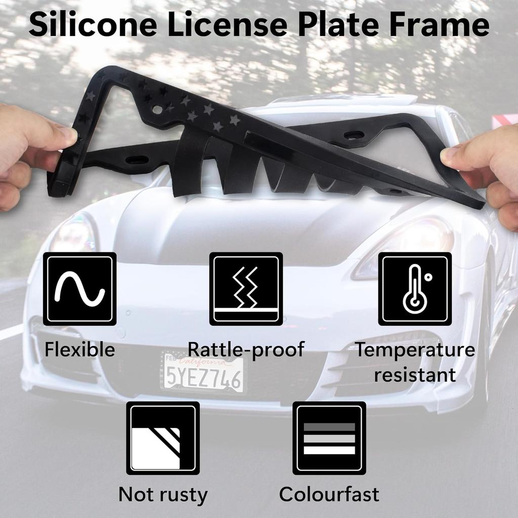 Silicone License Plate Frame, Black American Flag License Plate Frame, Rubber Licence Plate Frame Holder, 3D Stars And Stripes USA Flag Front Rear
