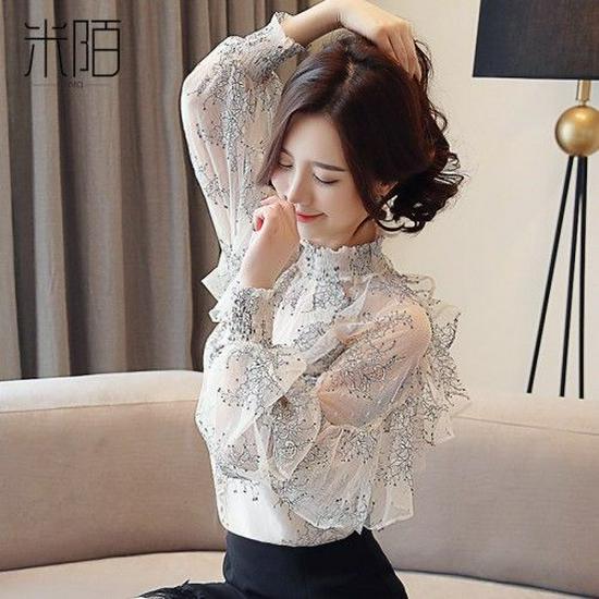 

Модна мереживна шифонова блузка - Жіноча весна/літо 2025, феєричний стиль, довгий рукав, універсальна модна сорочка L абрикосовий