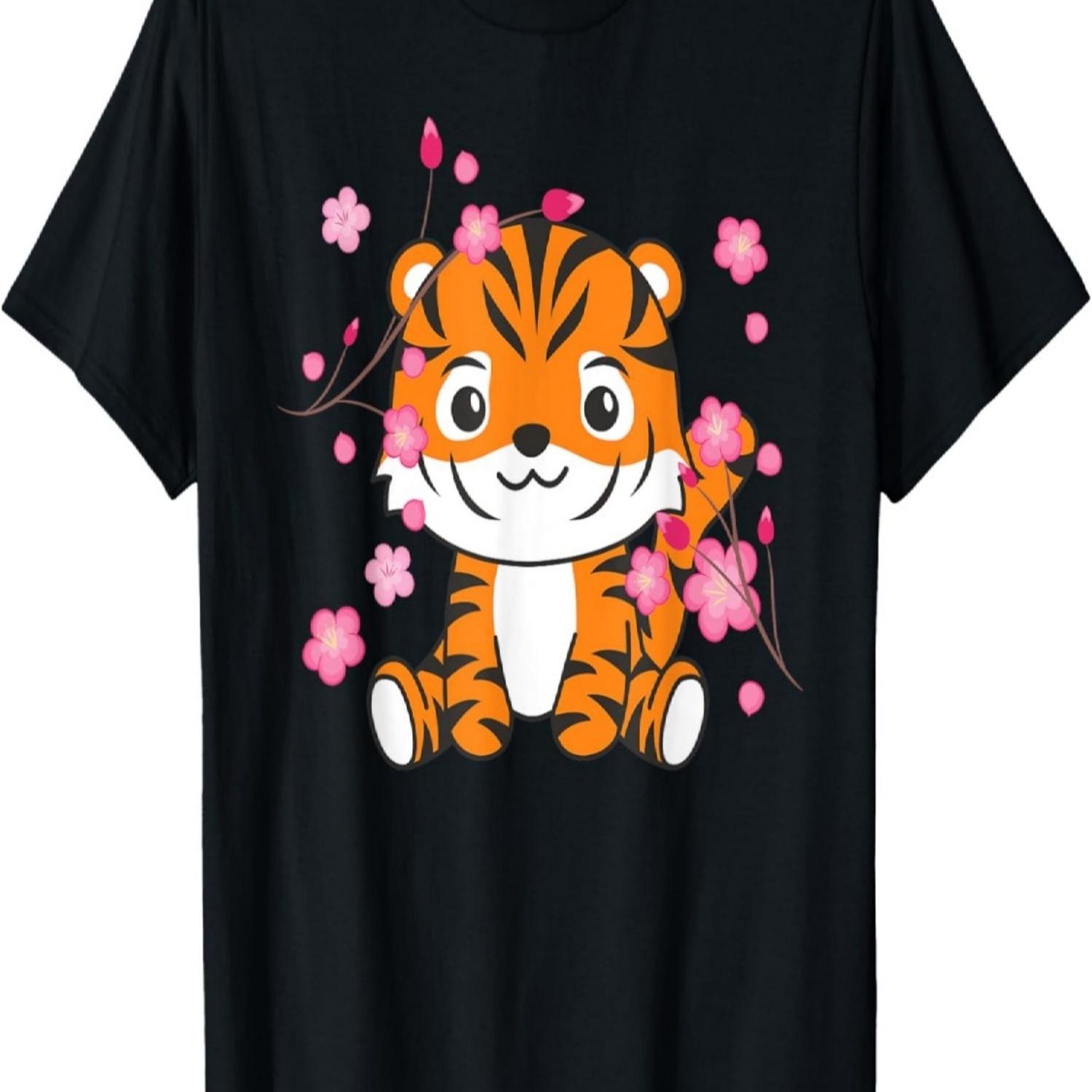 Tiger Cute Animals For Kids Kawaii Cherry Blossoms T-Shirt S