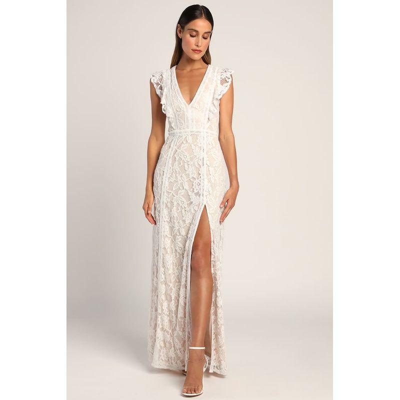 

Foreign Trade Lu Home Lace V-neck Banquet Party Slimming Flying Sleeves Versatile Simple Summer New Personalized Dress White XL