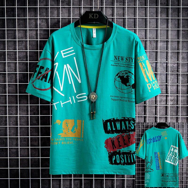 

Men T-shirt Hip Hop Round Neck Sports Short Sleeves Breathable Individual Letter Print Loose Men Summer Tops M зелёный