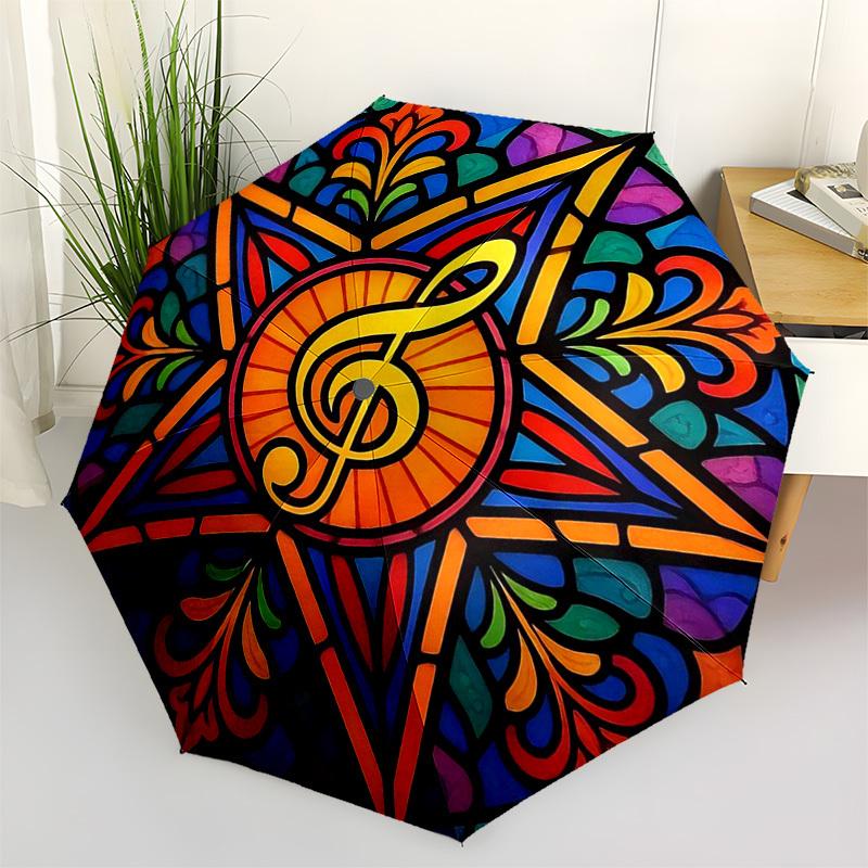 1pc Colorful Stained Glass Music Note Design Automatic Folding Umbrella - Portable 3-Fold Design with Iron Frame, Perfect for Outdoor Use, Festive Gif