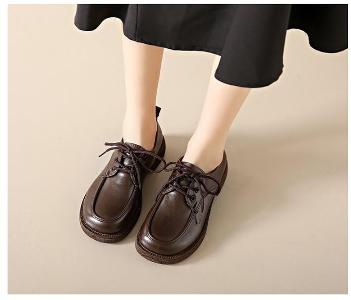 New Women s Platform Loafers - British Style Lace-Up Leather Shoes Height Increasing Soft Sole Chunky Heel Casual Shoes 35 4819₽