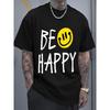 Europäische Größen Herren Baumwoll-T-Shirt mit fröhlichem "Be Happy"-Gesichtsdruck - Lässiges Rundhals-Kurzarm-T-Shirt, Atmungsaktiv & Bequem
