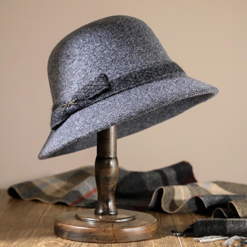 Nowy jesienno-zimowy kapelusz rybacki dla starszych kobiet, dekoracja z węzłem liściowym, damski brytyjski gruby ciepły wełniany kapelusz garnkowy