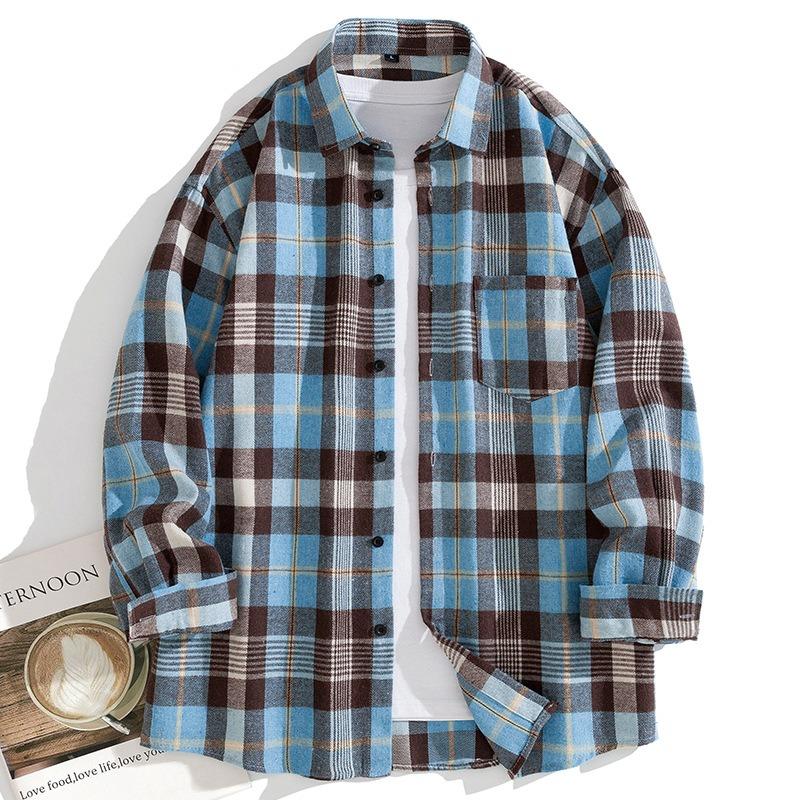 Men Casual Loose Long Sleeve Plaid Hong Kong Style Shirt