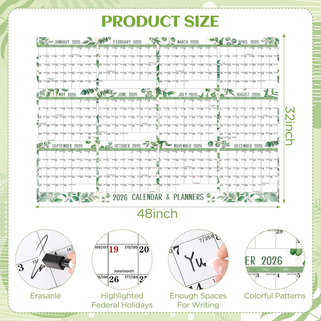 2026 2027 Yearly Wall Calendar Dry Erase Calendar for Wall 32" X 48" Large Erasable Monthly Wall Calendar Wet & Dry Erase Yearly Planner, Jan. 2026 -