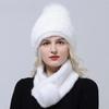 Zimowy Ciepły Damski Zestaw Czapka Szalik Dzianinowa Czapka z Pomponem Pokryta Futrem Norki Szalik z Naturalnego Futra Wysokiej Jakości