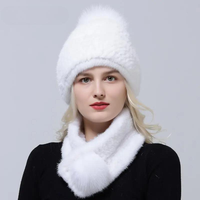 Zimowy Ciepły Damski Zestaw Czapka Szalik Dzianinowa Czapka z Pomponem Pokryta Futrem Norki Szalik z Naturalnego Futra Wysokiej Jakości