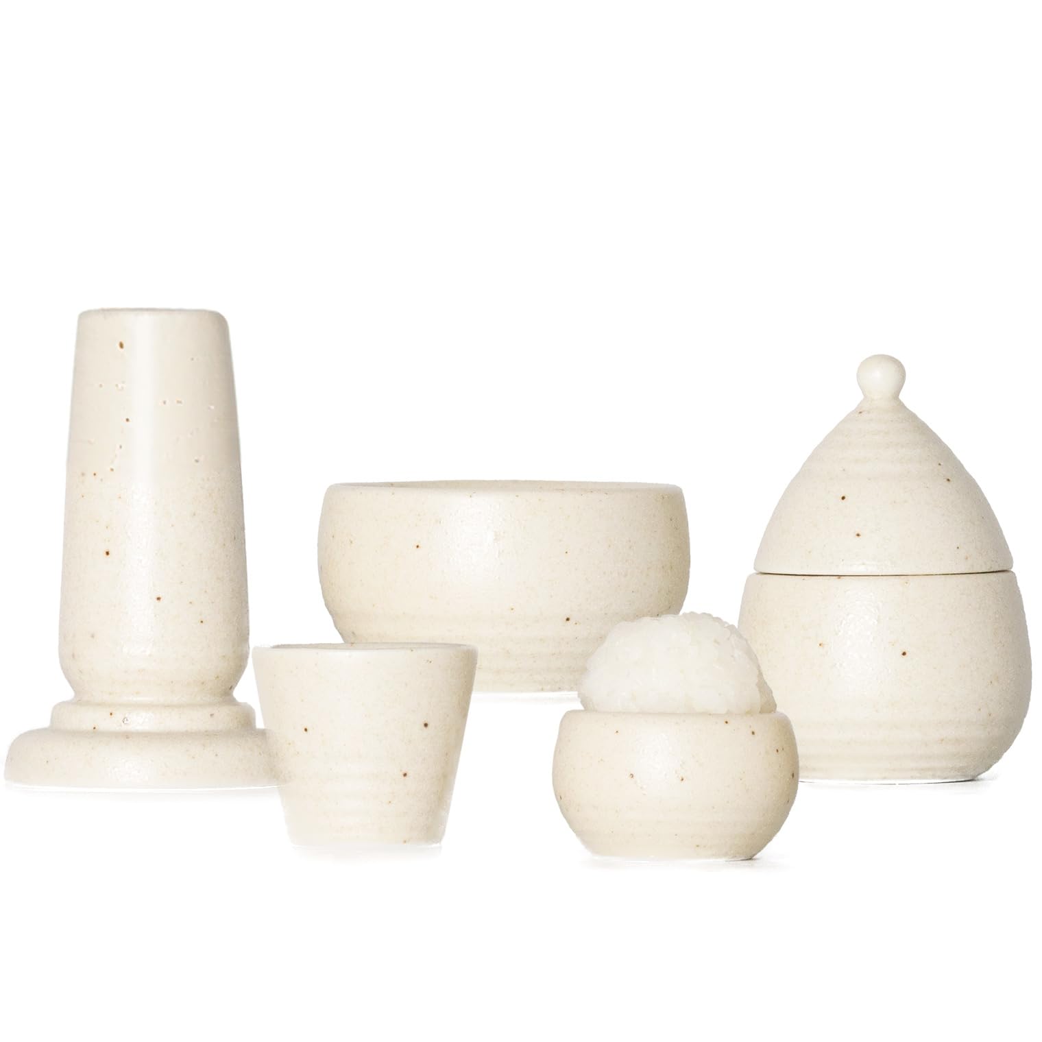 

Ceramic Arte White Mikage Mini Buddhist Altar Set (5-Piece Set) (Vase, Incense Burner, Candle Holder, Rice Bowl, and Teacup) - Small, Made in Japan,