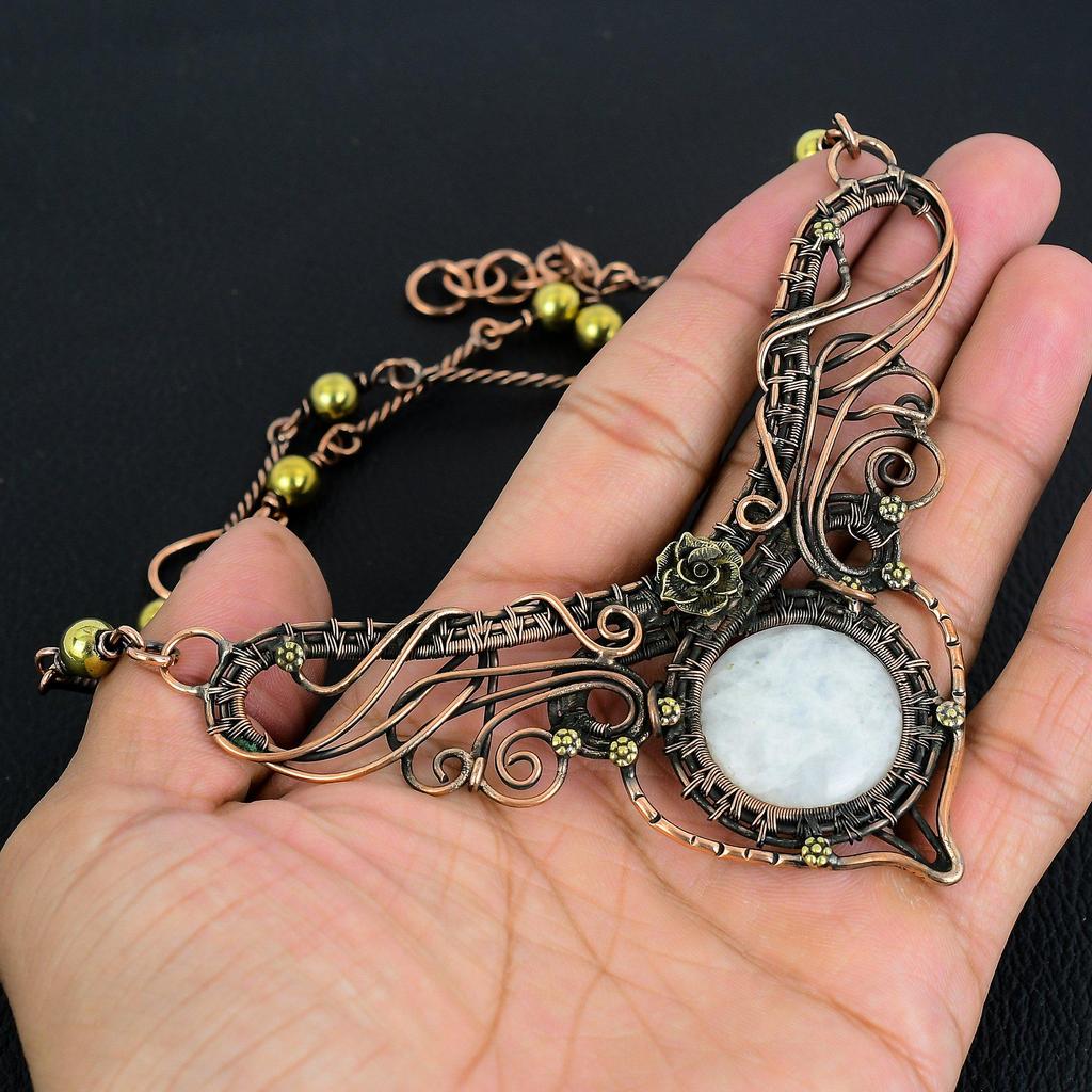 Rainbow Moonstone Necklace Gemstone Jewelry, 999 Copper Wire Wrapped Necklace, Adjustable Handmade Beautiful Jewelry Chain Necklace