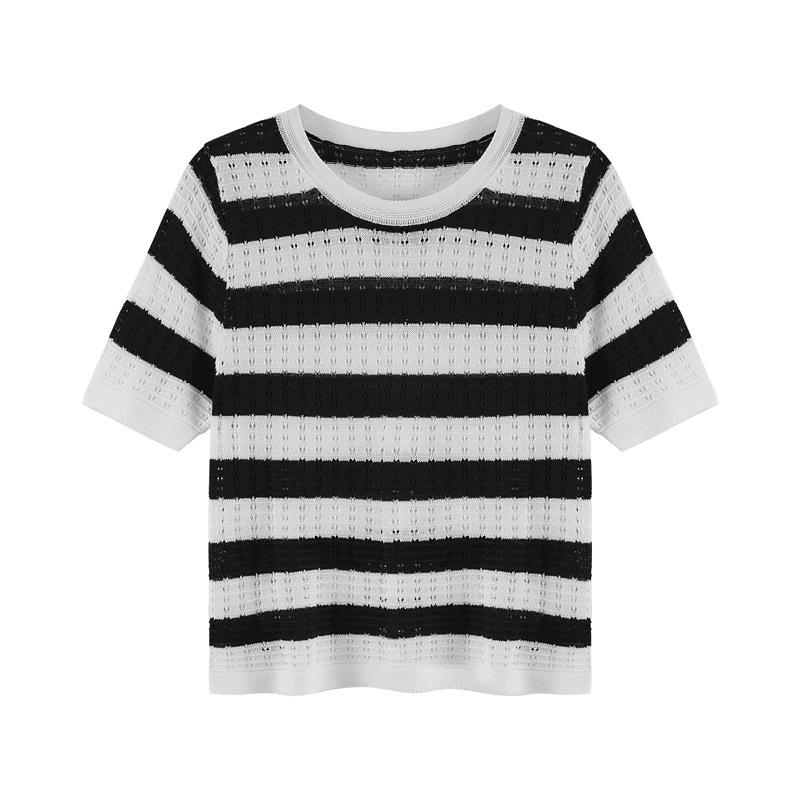 Striped Knitted Sweater Short-sleeved T-shirt Women's Summer New Korean Version Unique Chic Student Top Short Ins Tide
