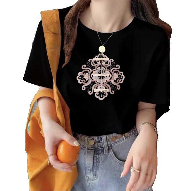 VEZFAA Women's Fashion Casual Summer Spring Flower Pattern Print Short Sleeve O-Neck Blouses & Shirts