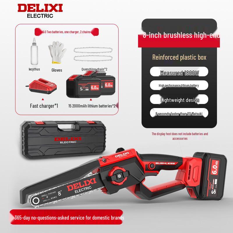 Delixi Cordless Brushless Electric Chainsaw: High-Power, Handheld Lithium Battery Saw for Home Tree Cutting.