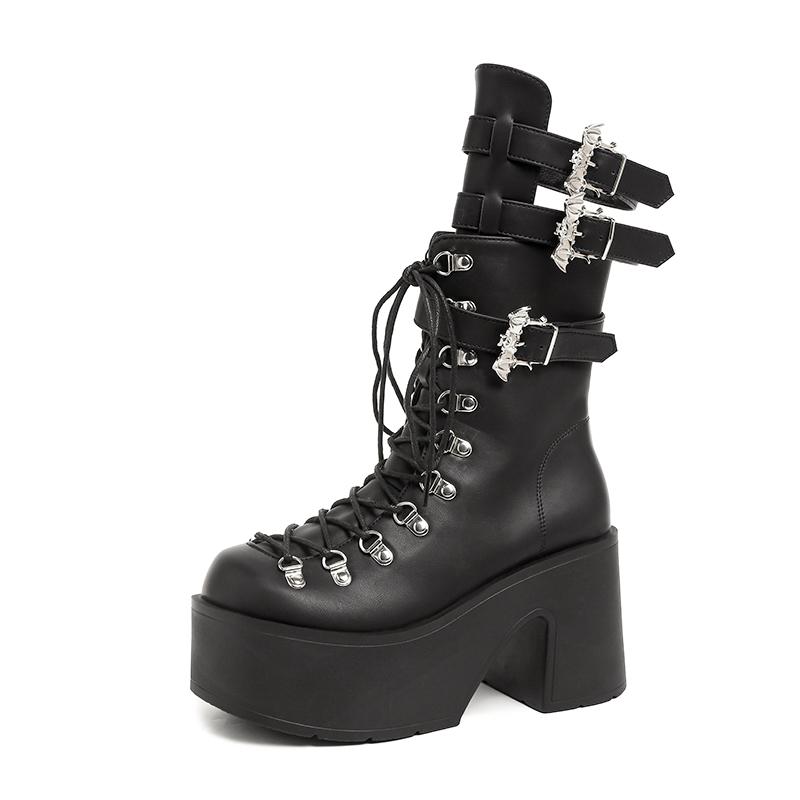 Fashion 9.5 cm Punk Style Women Shoes Lace-up Platform Shoes Woman Rock Boots Metal Decor Thick Bottom Street Shot Knight 2025 New
