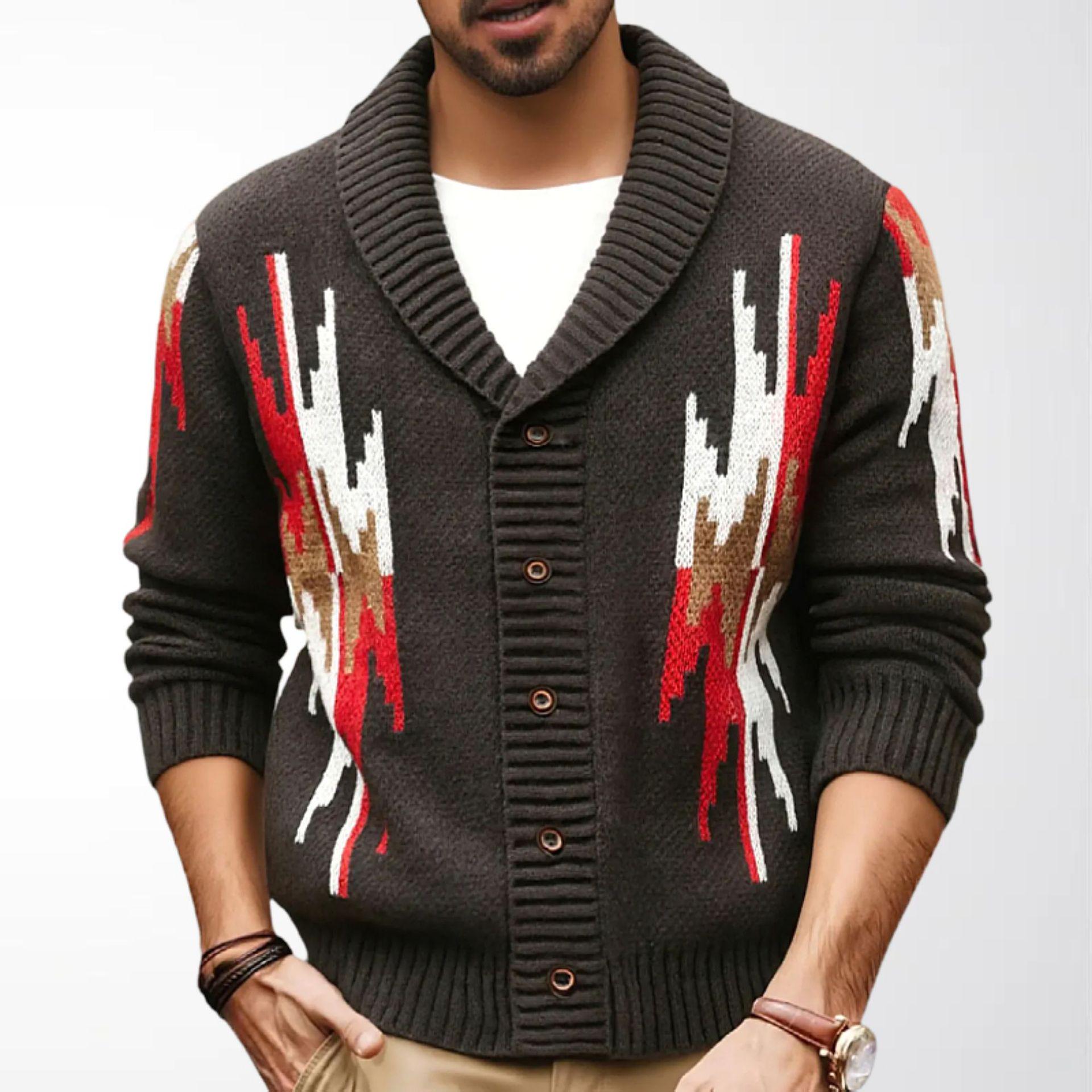 

Men s Retro Jacquard Knit Wool Cardigan - Lapel, Long Sleeve, Autumn/Winter Coat (SY0054) L кавовий