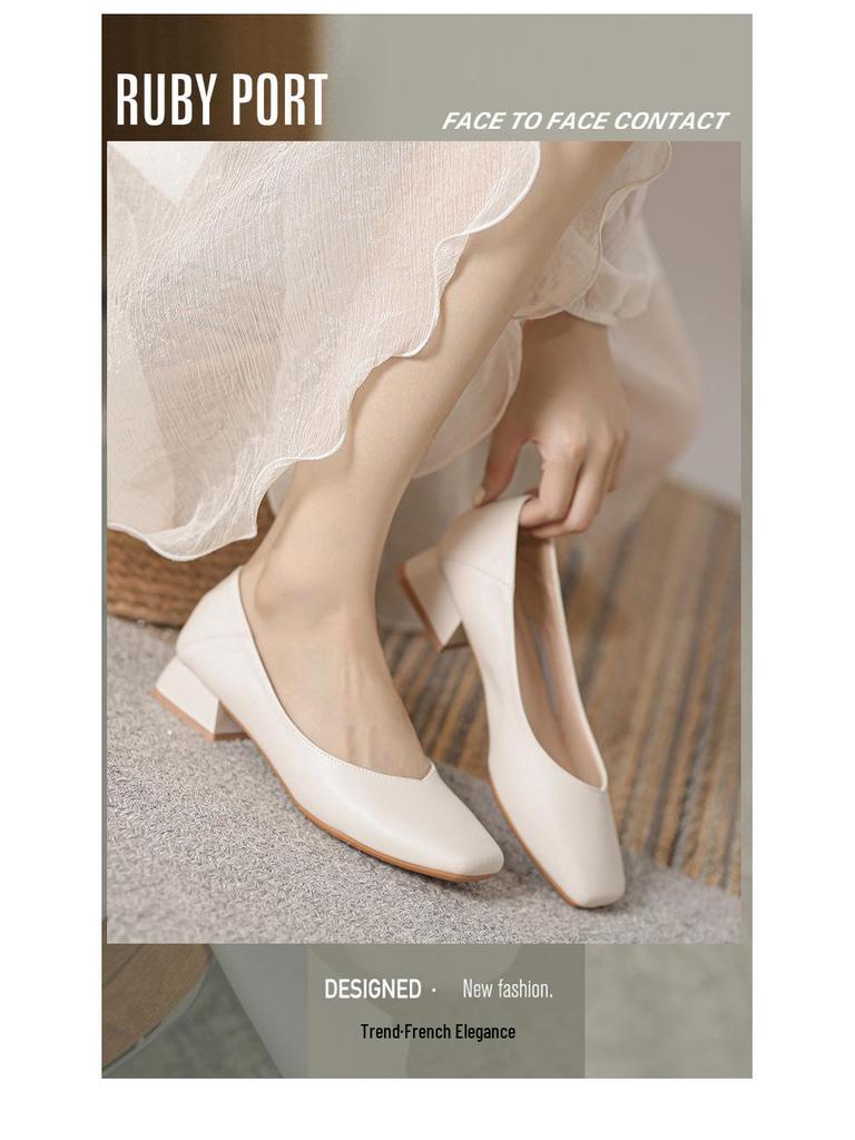 2023 Retro Soft Leather Square Toe Medium High Heel Women's Shoes