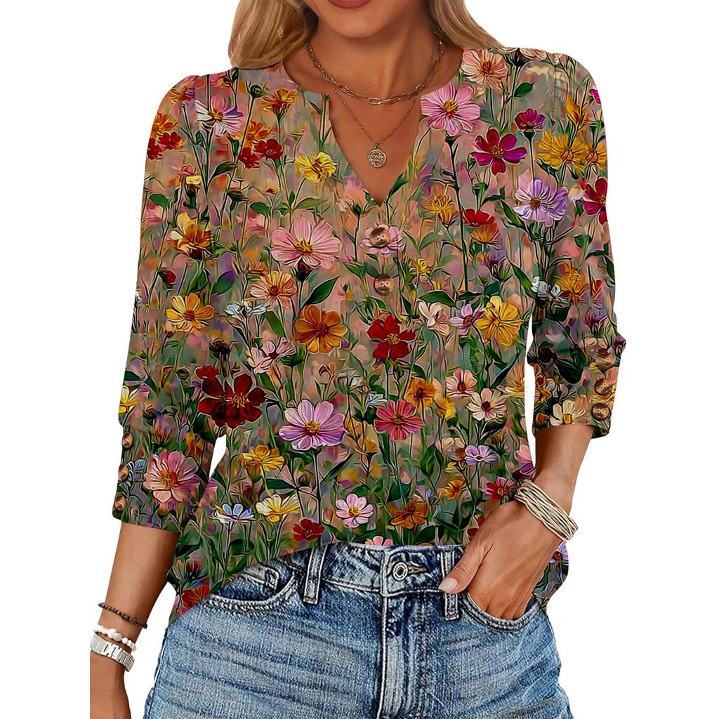 Women's Retro Printed Loose 7-inch Sleeve Top