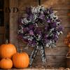 Halloween Spooky Wreath Mesh Ribbon for Front Door, Skull Pumpkin with Party Backdrop Bow, Purple Black Stripe Decorative Garland Doors Walls Windows