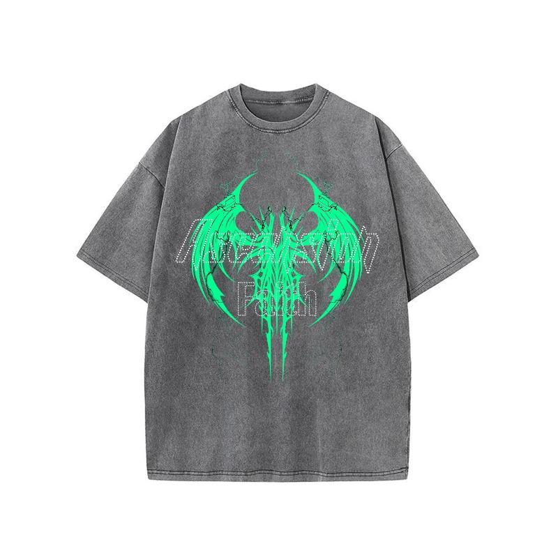 European sizes Washed Men's T-Shirt, Graphic Printed Tee with Vibrant Green Stylized Pattern, Casual Crew Neck Short Sleeve, Streetwear