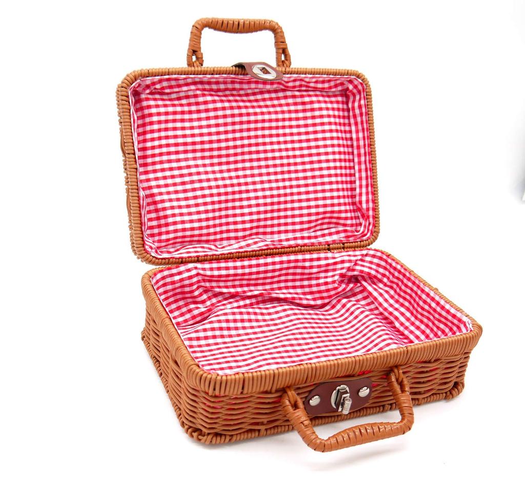 Picnic Lunch Basket with Fabric Checkered Pattern Basket, Lid, Wicker-Style Basket, Upholstery, (Medium)
