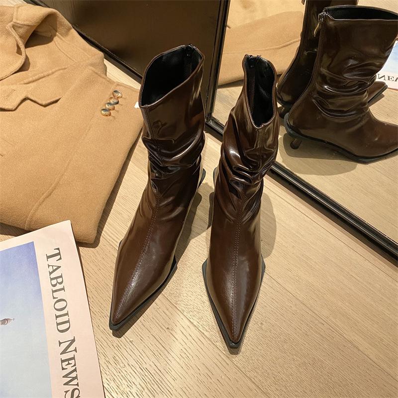 

Autumn/Winter British Pointed Middle Tube Thin Heel Short Boots Back Zipper French Short Boots 35-39 Short Heel 3cm Woman Shoes 35 коричневый