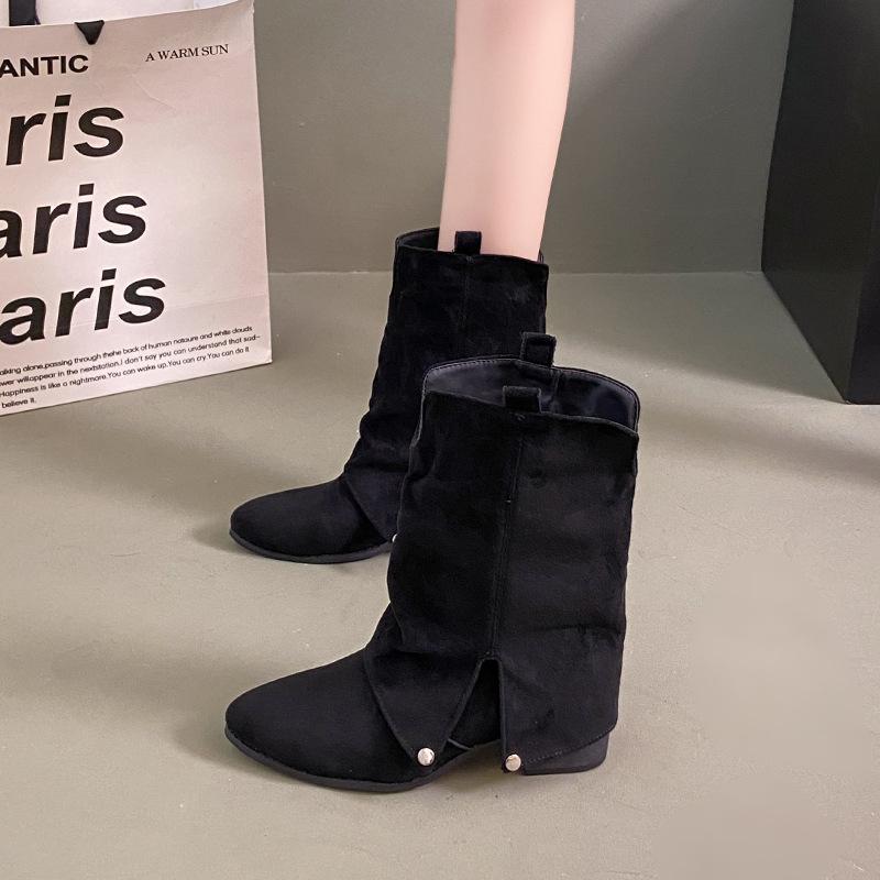 Thick Heel Pointed Western Cowboy Boots Short Boots Women's Shoes 2025 Autumn and Winter Suede with Skirt Pants Boots Skinny Boots