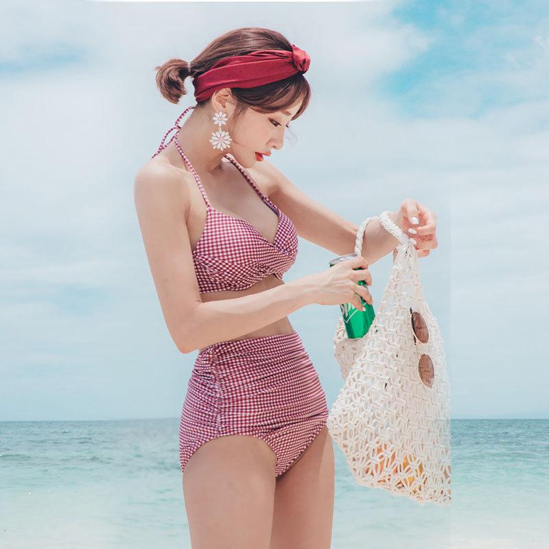 Small plaid bikini small breasts gather sexy and slim swimsuit bikini high waist retro Korean split swimsuit