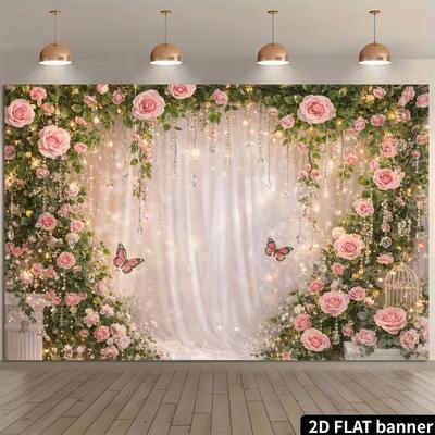 2D Pink Rose and Butterfly Themed Wedding Backdrop Photo Background Banner