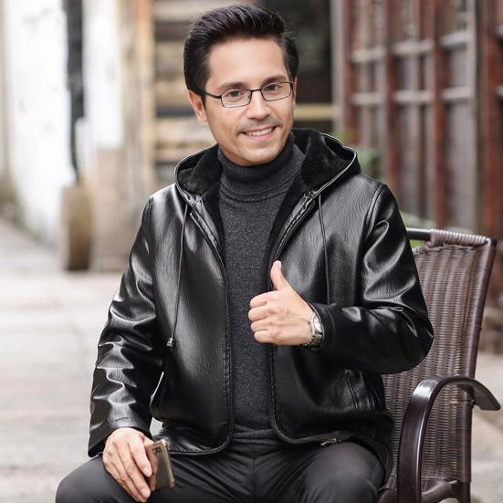 Men Faux Leather Jacket with Velvet Lining Hooded Drawstring Long Sleeve Pockets Zipper Placket Solid Color Jacket Coat