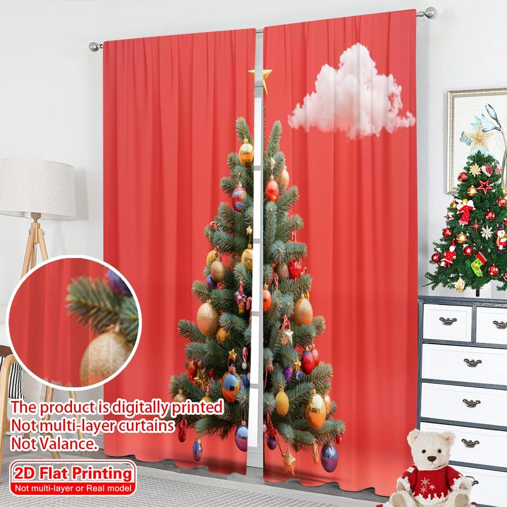 2pcs 2D flat printing Merry Christmas Scene Curtains Christmas Tree Ornaments Festive 100% Polyester Without Electricity Festive