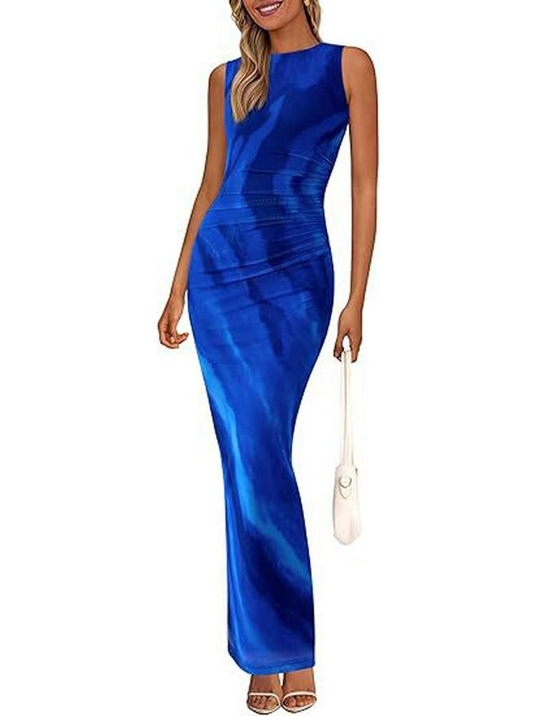 2024 Women's Floral Ruched Mesh Bodycon Dress - Sleeveless, Round Neck