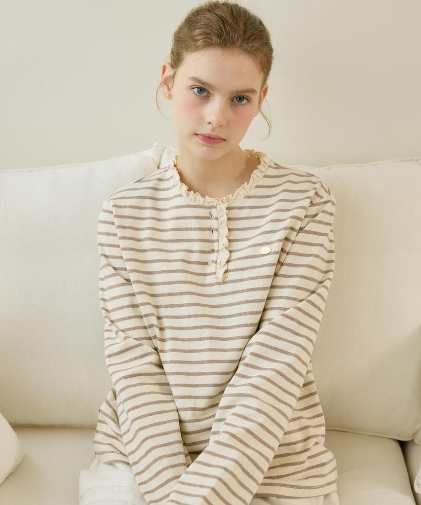 NONLOCAL Neck Frill Stripe Long Sleeve - Beige