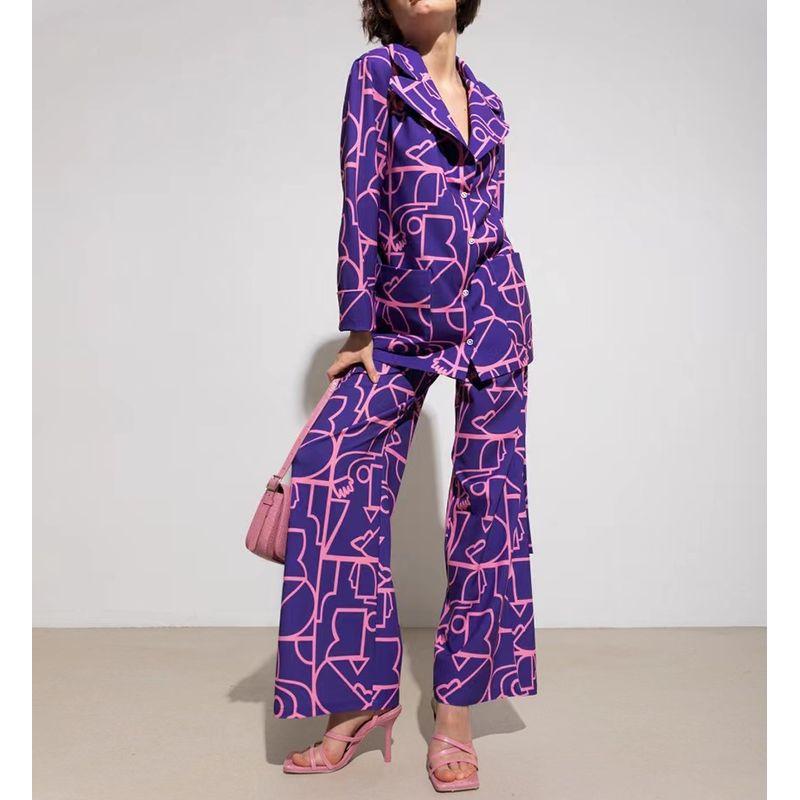 Fashion Loose Print Top and Trousers Homewear Suit Printed Top and Trousers Suit