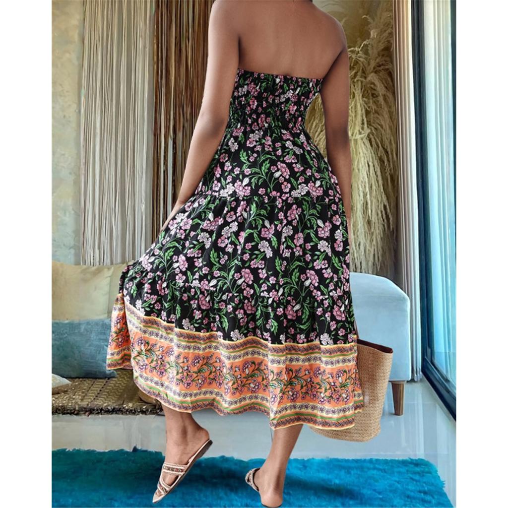 Sommer Neu Böhmischer Urlaubsstil Mehrfarbiger Druck Süßes Bustierkleid Große Schwingkleider für Frauen