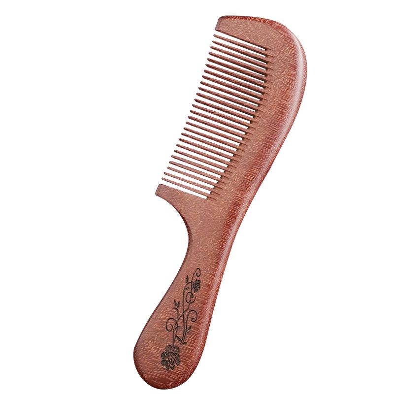 Engraved Sandalwood Long Handle Wide Tooth Scalp Comb