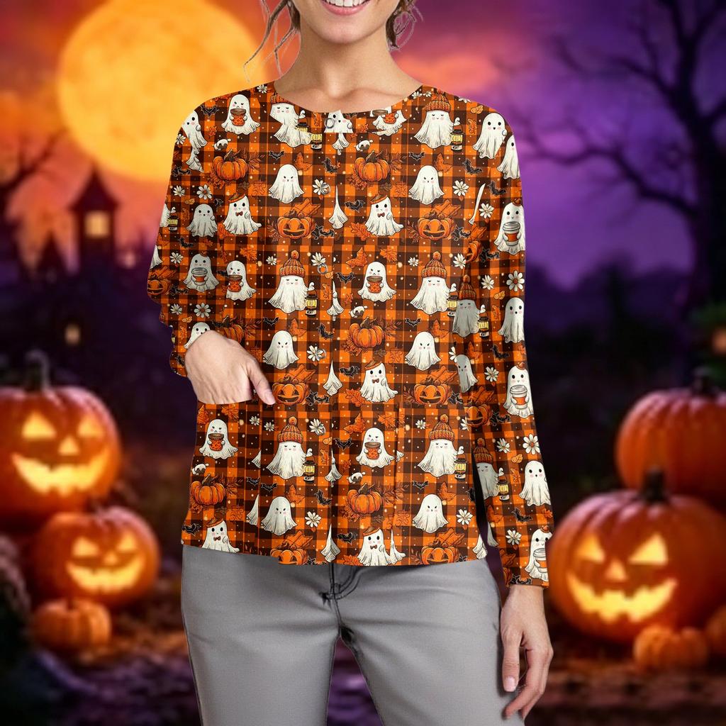 Women Long Sleeve Button Front Cardigan Halloween Print Lightweight Casual Workwear Cover Up Shirt for Caregivers and Daily Wear