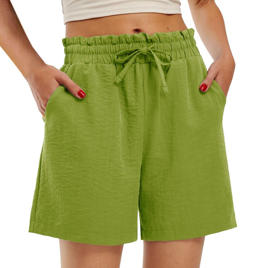 Women's Fashion Loose High Waist Drawstring Color Small Pocket Casual Shorts