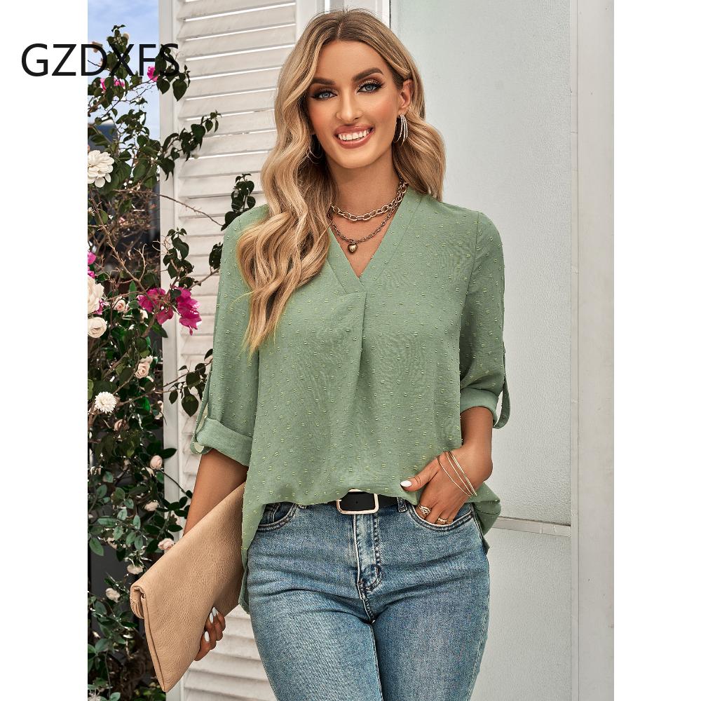 DX-Spring/Summer New Women's Fashion Solid Loose V-neck 3/4 Sleeve Top