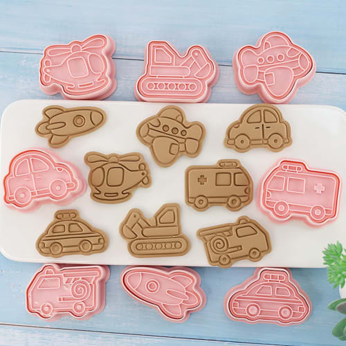 BREYLEE 8-Piece Vehicle A-Shaped Cookie Cutter Set: Car, Rocket, Bus, Ambulance, Excavator, Helicopter, Airplane. Perfect for baking, kitchen baking,